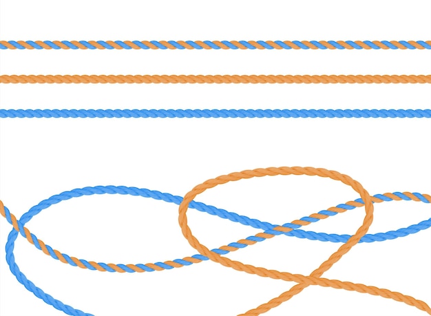 Conjunto de cuerdas de hilos trenzados 3D azules y amarillos ilustración vectorial realista sobre fondo blanco