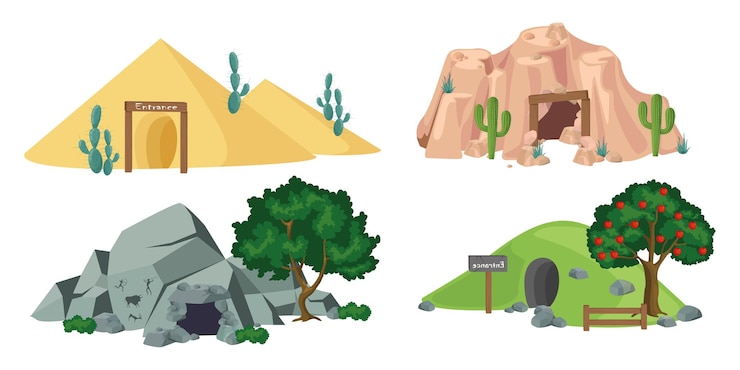 Vector conjunto de cuevas con entradas en diferentes áreas en estilo de dibujos animados ilustración vectorial de cuevas de montaña antiguas del desierto con cactus aloe árbol manzana piedras signo de valla con inscripción entrada