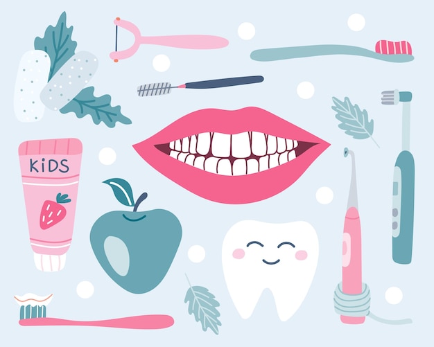 Un conjunto de cuidado dental, higiene bucal, goma de mascar, pasta, sonrisa blanca como la nieve, manzana, imagen vectorial en estilo plano.