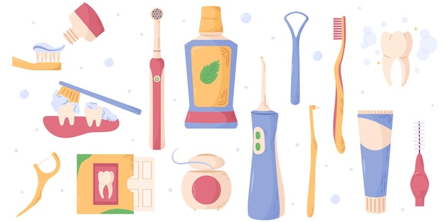 Conjunto de cuidado de los dientes higiene dental cepillo de dientes limpieza oral dientes salud pasta de dientes proteger la limpieza de la boca diseño de dibujos animados aislado sobre fondo blanco vector ilustración