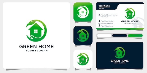 Conjunto de cuidado del hogar verde con combinación de una mano y una casa. plantilla de logotipo para empresa Vector Premium