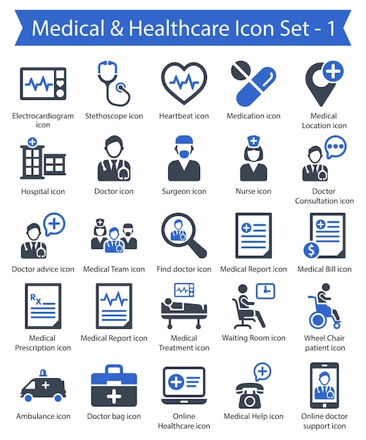 Conjunto de cuidados de salud médicos 1 Conjun to de iconos azules