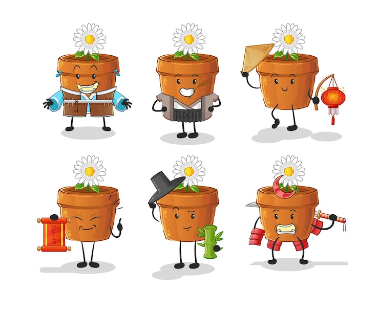 Vector conjunto de cultura asiática de maceta. vector de mascota de dibujos animados