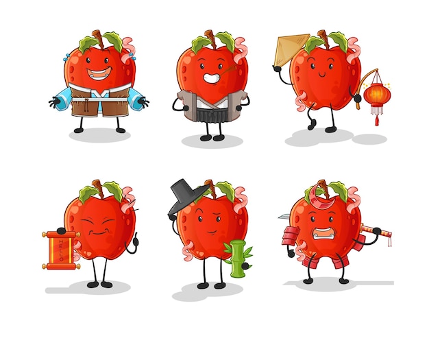 Conjunto de cultura asiática de manzana con gusano. vector de mascota de dibujos animados