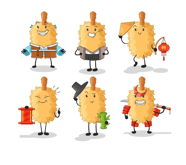Conjunto de cultura asiática de plumero vector de mascota de dibujos animados