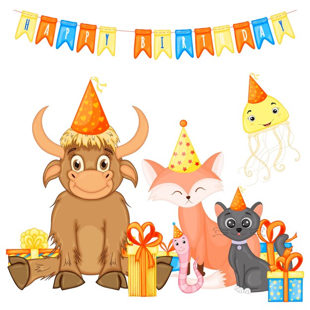 Conjunto de cumpleaños de animales lindos para tarjeta navideña o invitación Estilo de dibujos animados Ilustración vectorial