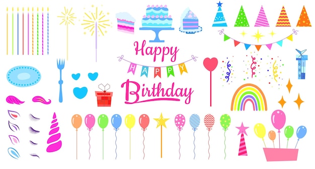 Conjunto de cumpleaños decoraciones dibujadas a mano para tarjetas de cumpleaños saludos e invitaciones vector ilustración pastel velas globos conjunto para crear unicornio y pony con orejas ojos y peinado