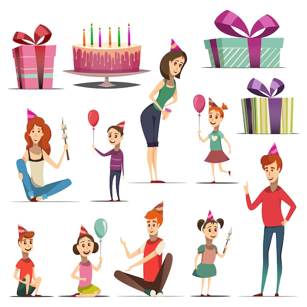 El conjunto del cumpleaños del niño con las muchachas, los muchachos y los padres en los regalos de los sombreros del partido torta aisló el ejemplo del vector