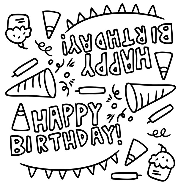 Conjunto de cumpleaños con vector de estilo de línea de garabato