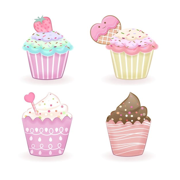 conjunto, de, cupcake, acuarela, garabato, ilustración