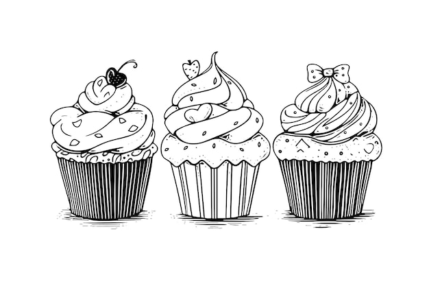 Conjunto de cupcake en estilo de grabado Bosquejo de tinta aislado sobre fondo blanco Vector dibujado a mano