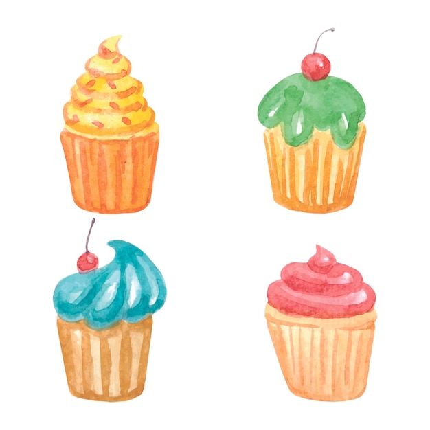 Vector conjunto de cupcakes de acuarela dulces de cumpleaños de colores