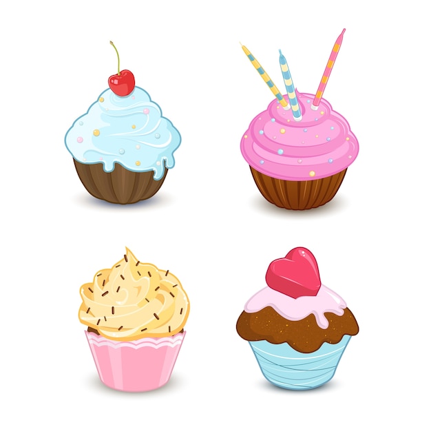 Conjunto de cupcakes coloridos sobre fondo blanco.