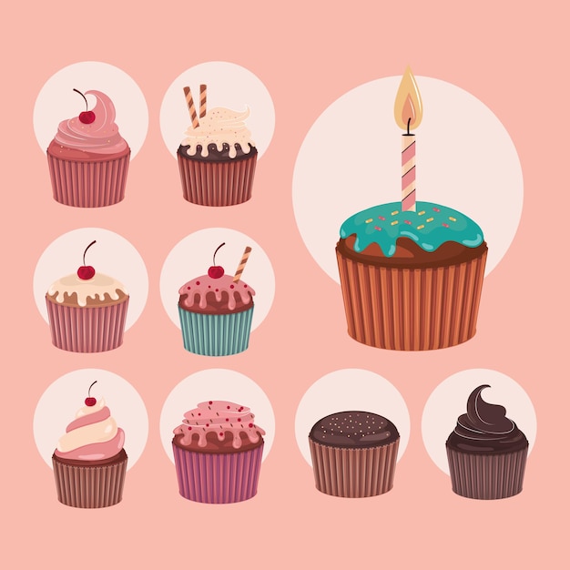 Vector conjunto de cupcakes dulces