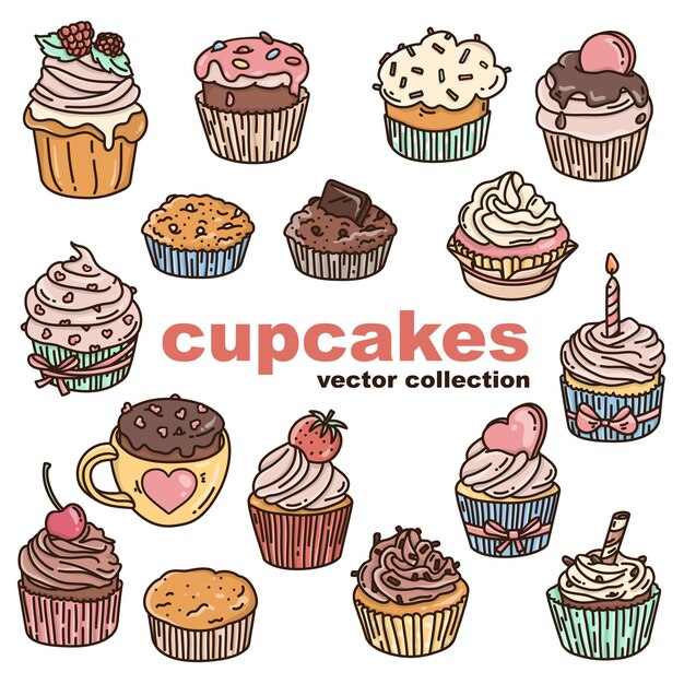 Conjunto de cupcakes en el estilo doodle