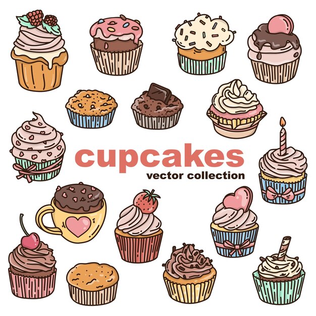 Vector conjunto de cupcakes en el estilo doodle