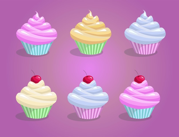 Un conjunto de cupcakes planos simples con una cereza.