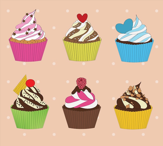 conjunto de cupcakes sobre fondo vintage