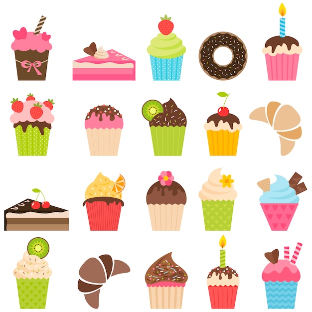 Vector conjunto de cupcakes y trozos de tarta