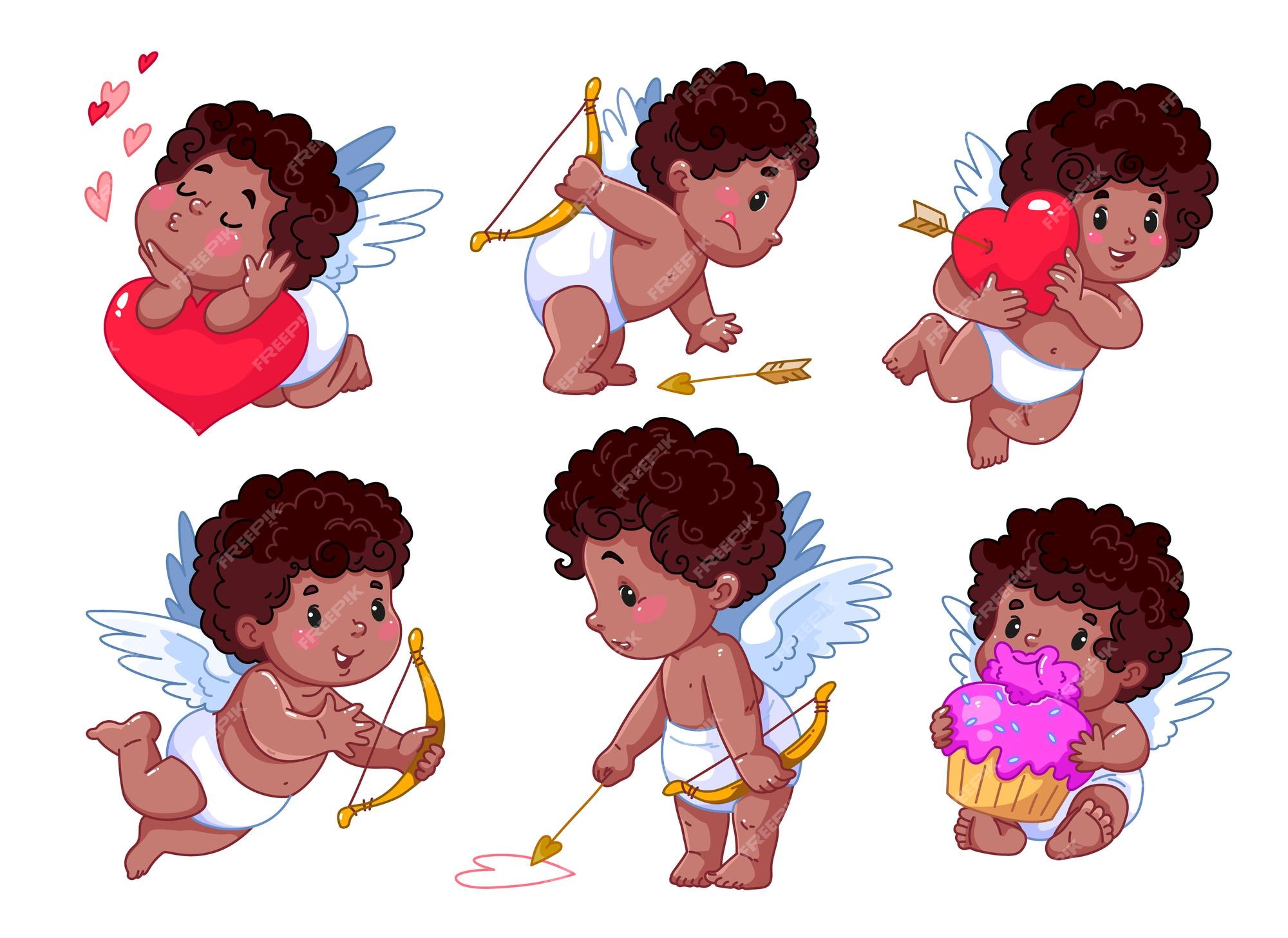 Conjunto de cupidos de dibujos animados de piel oscura angelitos lindos en  diferentes poses bebés cupido aislados | Vector Premium