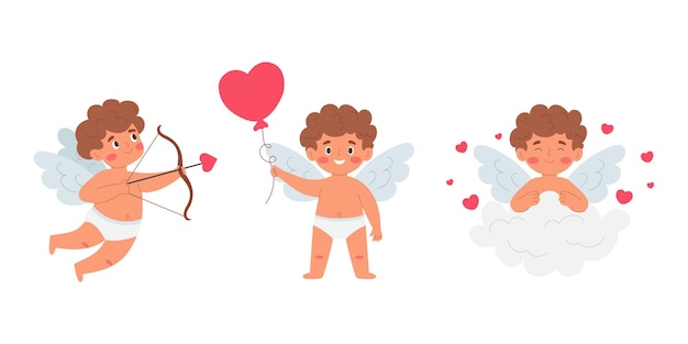 Conjunto de Cupidos juguetones en diferentes poses Conjunto para el Día de San Valentín Ilustración vectorial