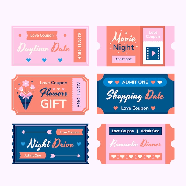 Conjunto de cupones de amor de diseño plano