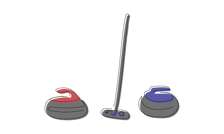 Vector conjunto de curling con escoba y piedra de color de una línea de arte dibujo de línea continua de deporte de invierno