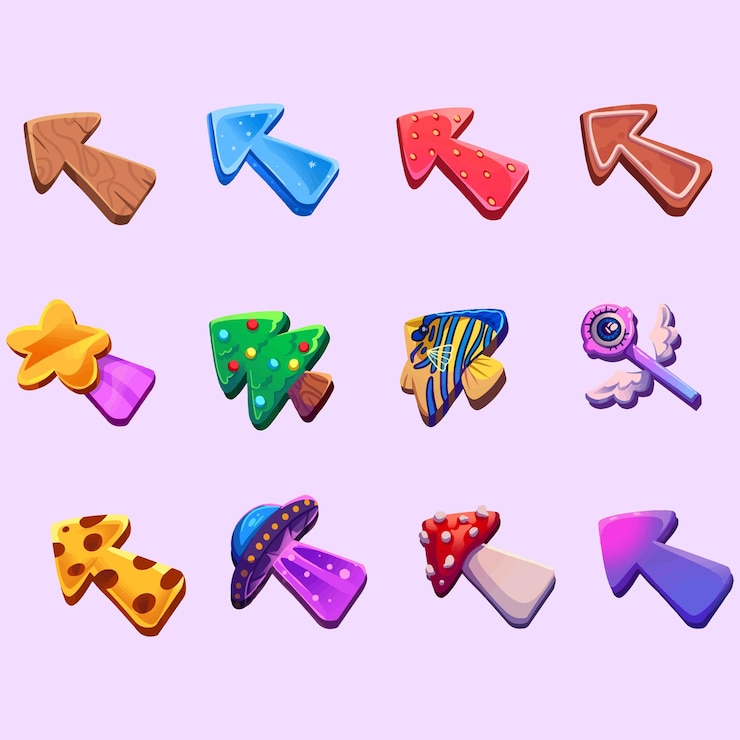 Vector conjunto de cursor de flechas casual de dibujos animados. interfaz de vector de usuario de juegos de juegos