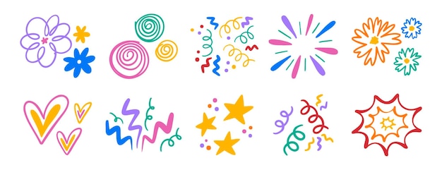 Conjunto de curvas de pegatinas de formas bonitas abstractas, elementos coloridos y divertidos, símbolos orgánicos, flores y corazones, estrellas y confeti, líneas de moda, estilo de dibujo de dibujos animados.