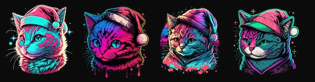 Conjunto de Cute Retrowave Cat con sombrero de Navidad, aislado. juego de gatitos con tema navideño