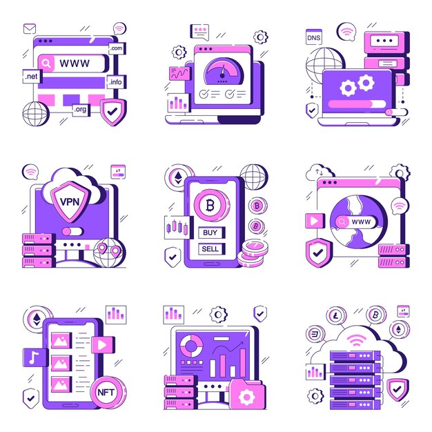 Conjunto de datos e ilustraciones planas de Blockchain