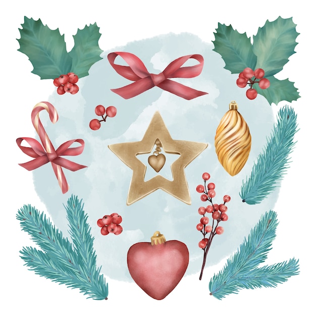 Vector conjunto de decoración de árbol de navidad con juguetes