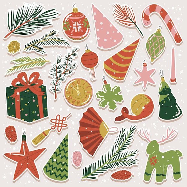 Un conjunto de decoración festiva para el año nuevo y la Navidad Pegatinas de invierno para la decoración del teléfono diario y la computadora portátil Imágenes prediseñadas para crear postales y composiciones navideñas Estilo plano en ilustración vectorial