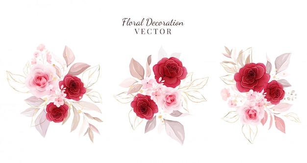 Vector conjunto de decoración floral. ilustración de arreglos botánicos de rosas rojas y duraznos con hojas, rama.