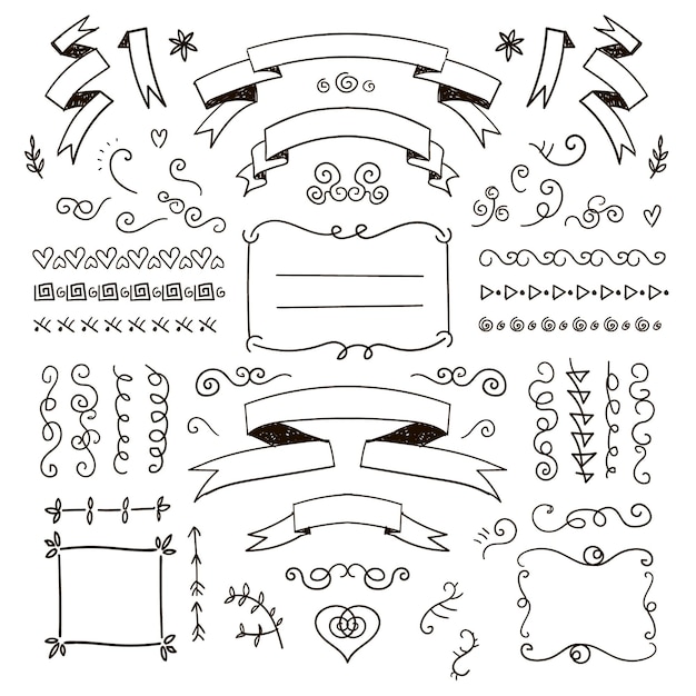 Conjunto de decoración floral de vector de marcos de doodle dibujados a mano, divisores, bordes, elementos. Aislado