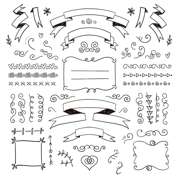 Conjunto de decoración floral de vector de marcos de doodle dibujados a mano, divisores, bordes, elementos. Aislado