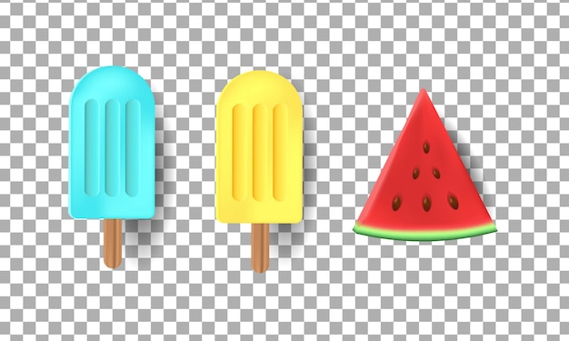 Vector conjunto de decoración de helado y sandía 3d para verano en fondo transparente