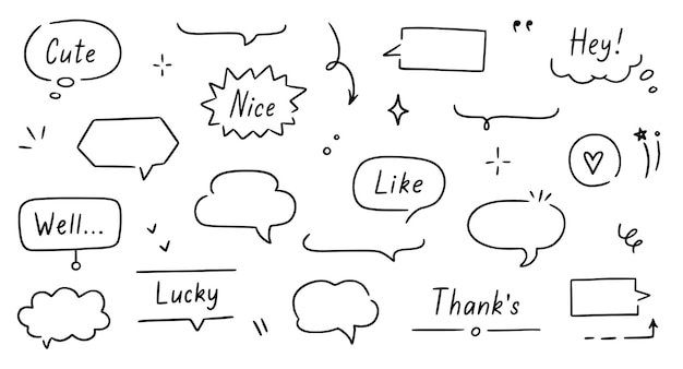 Conjunto de decoración de marco de texto de globo Marco de globo de nube de burbuja de discurso de línea de pluma dibujada a mano simple para borde de texto Doodle elegante titular de título de burbuja de diálogo Vector