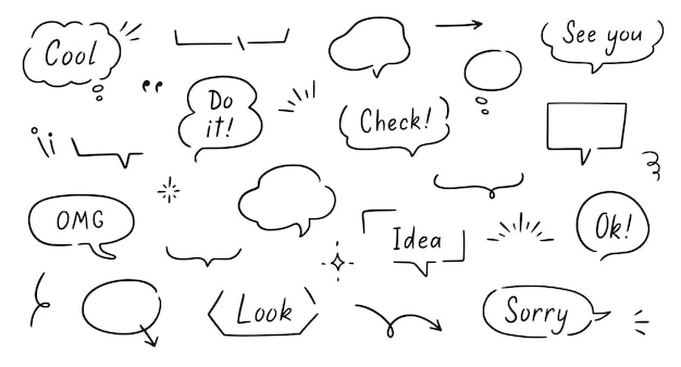 Conjunto de decoración de marco de texto de globo Marco de globo de nube de burbuja de discurso de línea de pluma dibujada a mano simple para borde de texto Doodle elegante titular de título de burbuja de diálogo Vector