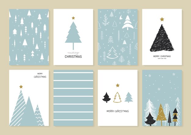 Conjunto de decoración de tarjetas de felicitación de navidad y año nuevo con copos de nieve y decoraciones de árbol de navidad