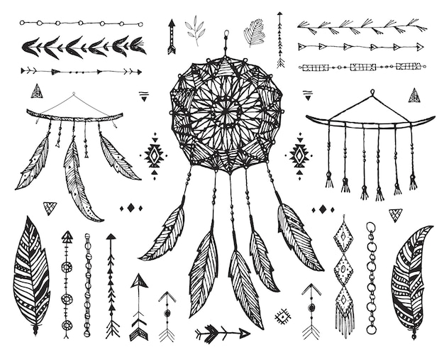 Conjunto de decoración vectorial, colección de divisores de estilo boho doodle dibujados a mano, bordes, flechas, elementos de diseño, atrapasueños. Aislado. Puede utilizarse para invitaciones de boda, tarjetas de cumpleaños, pancartas.
