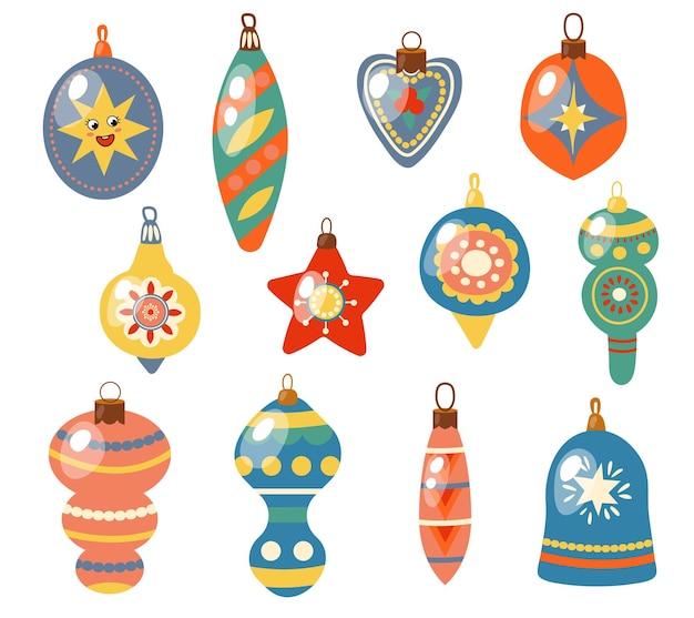 Conjunto de decoraciones de árbol de Año Nuevo estilo dibujado a mano fondo blanco aislado