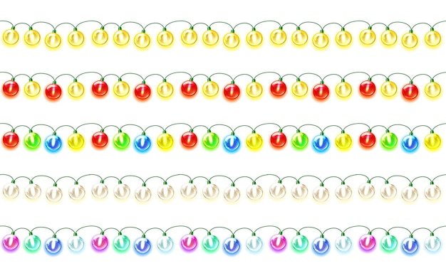 Conjunto de decoraciones festivas de guirnaldas de colores Luces de Navidad brillantes aisladas en blanco