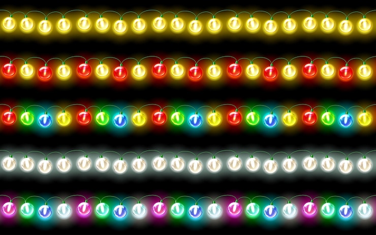 Vector conjunto de decoraciones festivas de guirnaldas de colores luces de navidad brillantes sobre fondo oscuro