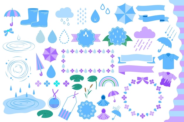 Un conjunto de decoraciones de imágenes prediseñadas con un tema de temporada de lluvias