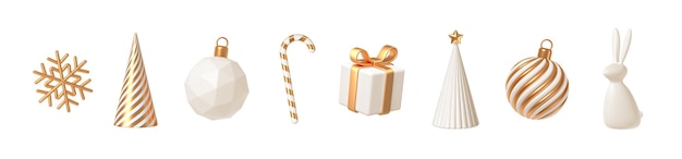 Conjunto de decoraciones navideñas realistas blancas y doradas ilustración vectorial de renderizado 3D