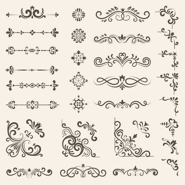 Vector conjunto decorativo adornado separadores y bordes florales vintage conjunto de vectores de decoración de estilo premium real