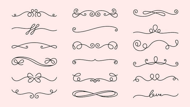 Conjunto decorativo de vectores Conjunto de divisores giratorios elegantes Diseños giratorios perfectos para invitaciones Los giros decorativos añaden elegancia Elementos giratorios para proyectos elegantes Conjunto vectorial de adornos dibujados a mano