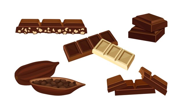 Vector conjunto dedicado al chocolate de diferentes tipos pieces de leche chocolate blanco oscuro habitual con nueces y fruta de cacao ilustración vectorial aislada sobre fondo blanco