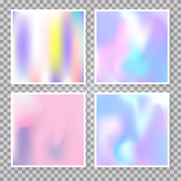 Conjunto degradado con malla holográfica. Telones de fondo de degradado abstracto de moda. Estilo retro de los 90, 80. Plantilla gráfica nacarada para banner, flyer, portada, interfaz móvil, aplicación web.